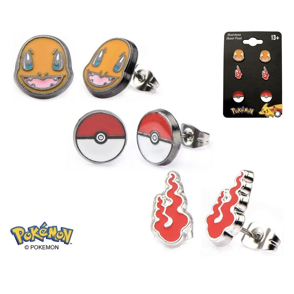 Set‎ Of 3 Pokemon Charmander, PokeBall and Fire Flame Stud Cute Earrings